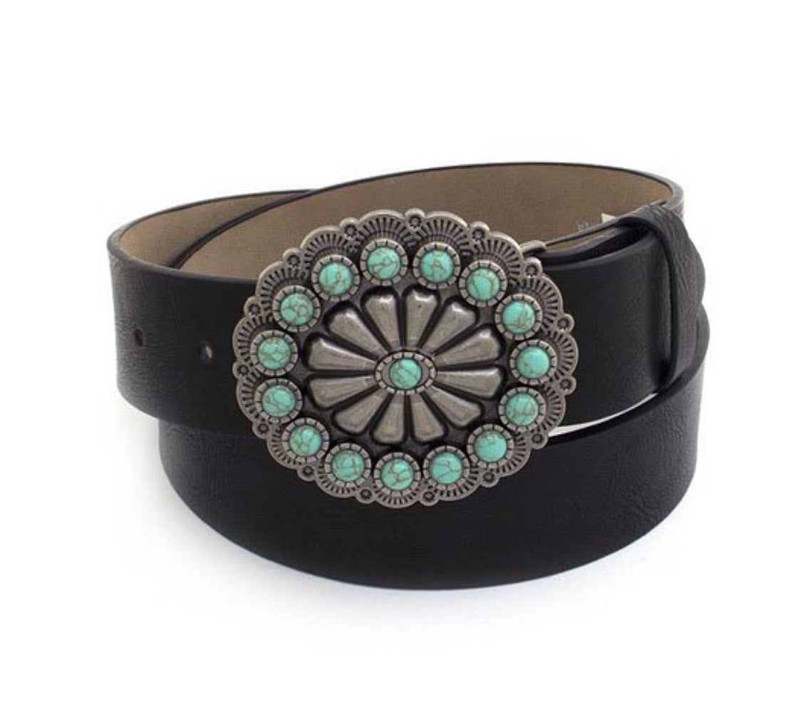 Black leather belt with Concho buckle